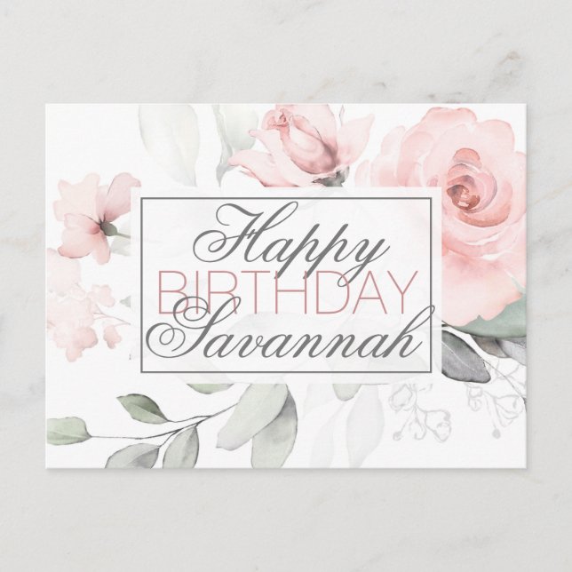 Carte Postale Fête d'anniversaire florale rose aquarelle personn (Devant)
