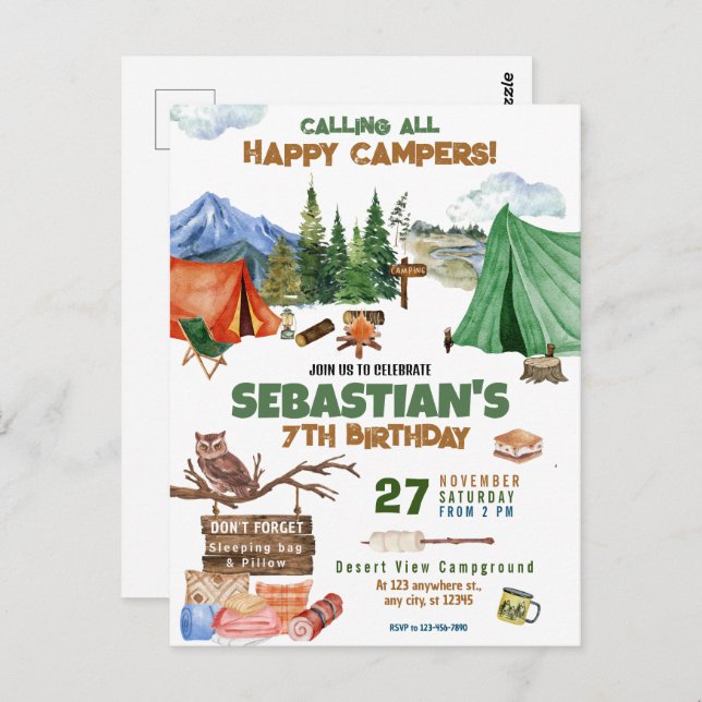 Carte Postale Fête d'anniversaire garçon aventure camping plein  (Devant / Derrière)