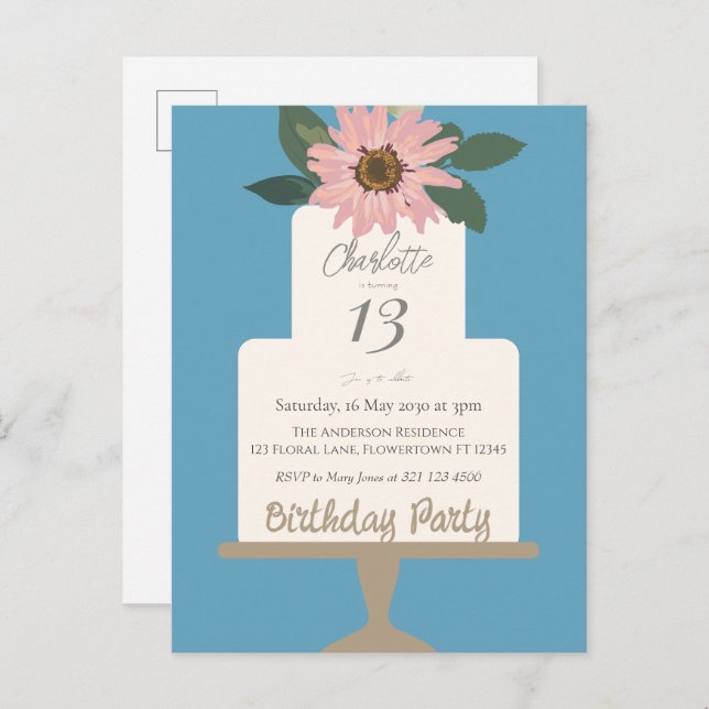 Carte Postale Fête d'anniversaire gâteau floral rose  (Devant / Derrière)