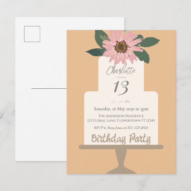 Carte Postale Fête d'anniversaire gâteau floral rose  (Devant / Derrière)