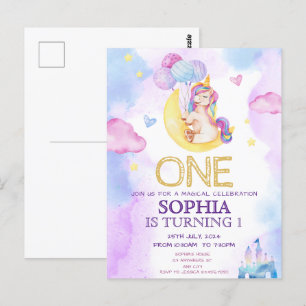Carte Postale Fête d'anniversaire licorne magique aquarelle viol