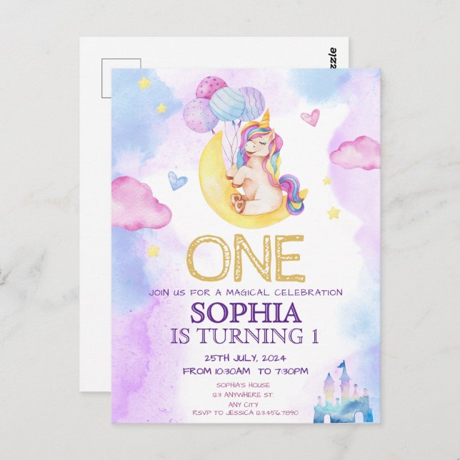 Carte Postale Fête d'anniversaire licorne magique aquarelle viol (Devant / Derrière)