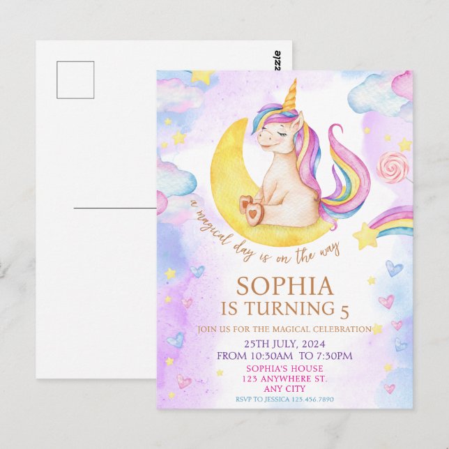 Carte Postale Fête d'anniversaire licorne magique aquarelle viol (Devant / Derrière)
