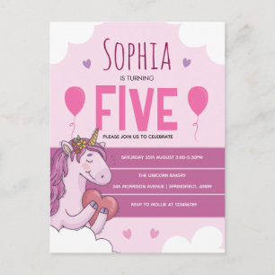 Carte Postale Fête d'anniversaire licorne magique rose 5 ans
