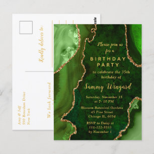 Carte Postale Fête d'anniversaire Marbre Agate Verte et Dorée