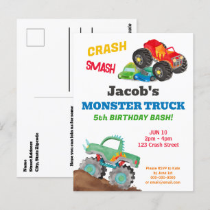 Carte Postale Fête d'anniversaire Monster Truck Crash Smash Aqua