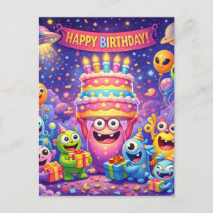 Carte Postale Fête d'anniversaire Monstre Spatial Coloré avec UF