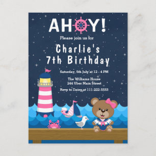 Carte Postale Fête d'anniversaire ours fille nautique rose et bl