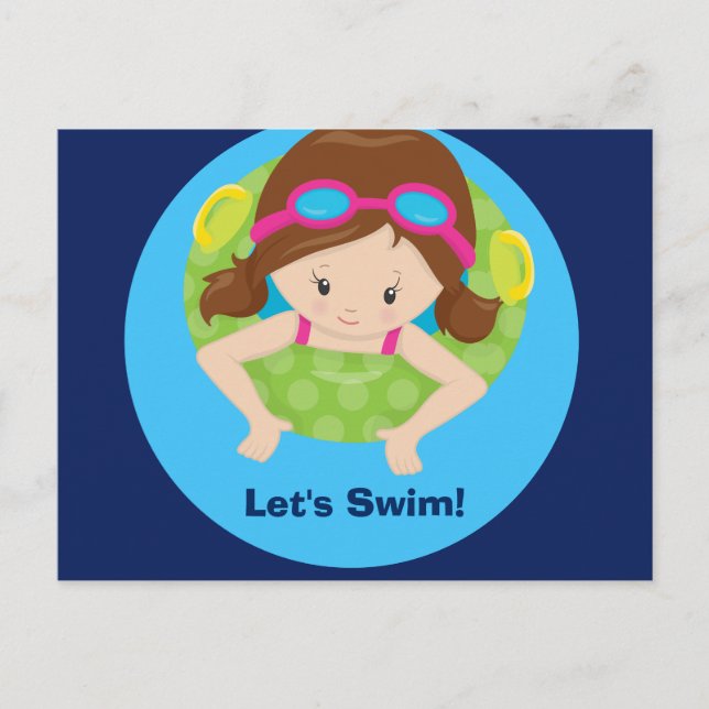 Carte Postale Fête d'anniversaire piscine Filles Brunette Bleu L (Devant)