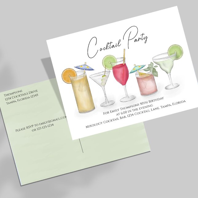 Carte Postale Fête d'anniversaire pour adultes Cocktails colorés (Cocktail party invitation, great for birthdays or any event. )