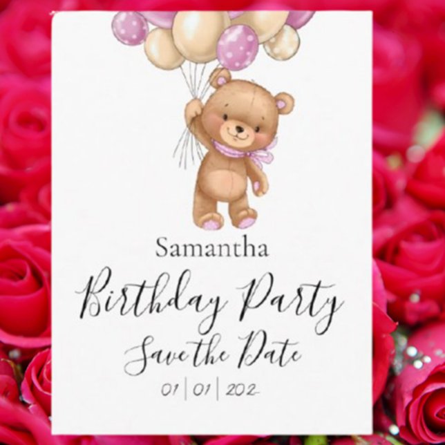 Carte Postale Fête d'anniversaire Rose Ourson Enregistrez la dat (Announce your special day with a charming Teddy Bear Pink Birthday Party Save the Date postcard. )