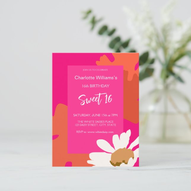 Carte Postale Fête d'anniversaire seize ans rose chaud et orange (Debout devant)
