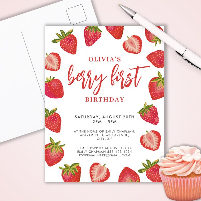 Carte Postale Fête d'anniversaire strawberry first pour filles (Cute strawberry Berry First birthday party invitation postcard.  Customize with your own event text.)