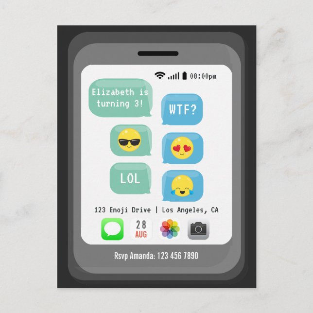 Carte Postale Fête d'anniversaire sur le thème des Emoji (Devant)