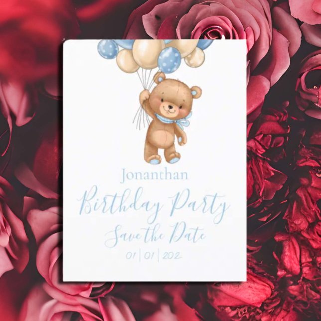 Carte Postale Fête d'anniversaire Teddy Bear Garçon Bleu Save th (Pretty Watercolor Flowers Garden Baby Shower Invitation)