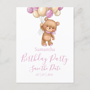 Carte Postale Fête d'anniversaire Teddy Bear Save the Date Rose 