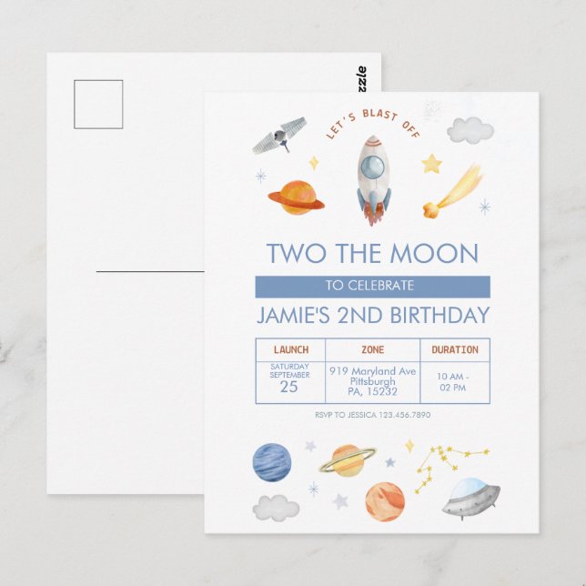 Carte Postale Fête dans l'espace Astronaute 2e Anniversaire (Devant / Derrière)