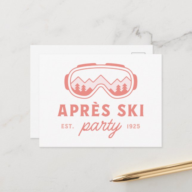 Carte Postale Fête d'après-ski filles nuit ski esthétique rose (Devant/Arrière en situation)