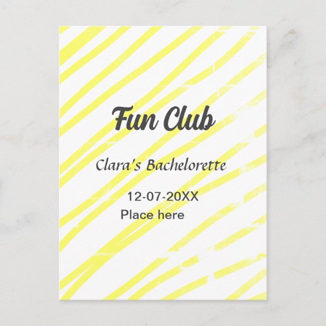 Carte Postale Fête de bachelorette Fun Club fond jaune lignes (Devant)