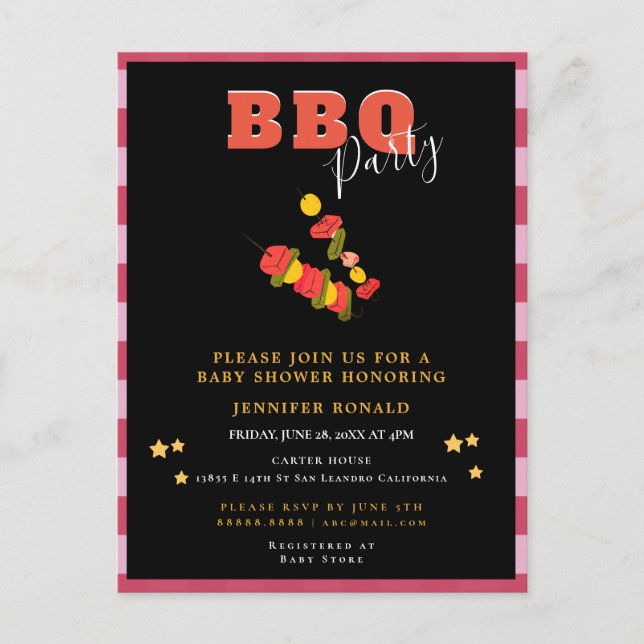 Carte Postale Fête de bébé BBQ Noir et Rouge (Devant)
