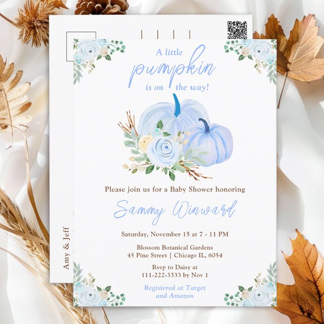 Carte Postale Fête de bébé Floral Citrouilles Bleues (Créateur téléchargé)