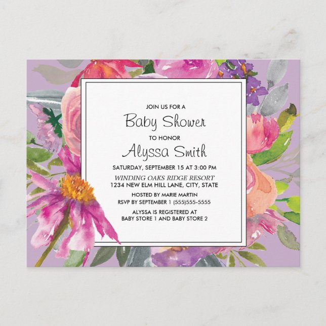 Carte Postale Fête de bébé florale aquarelle rose violet (Devant)
