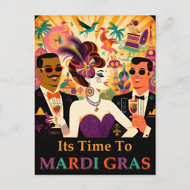 Carte Postale Fête de Cocktail Mardi Gras du Milieu du Siècle (Devant)