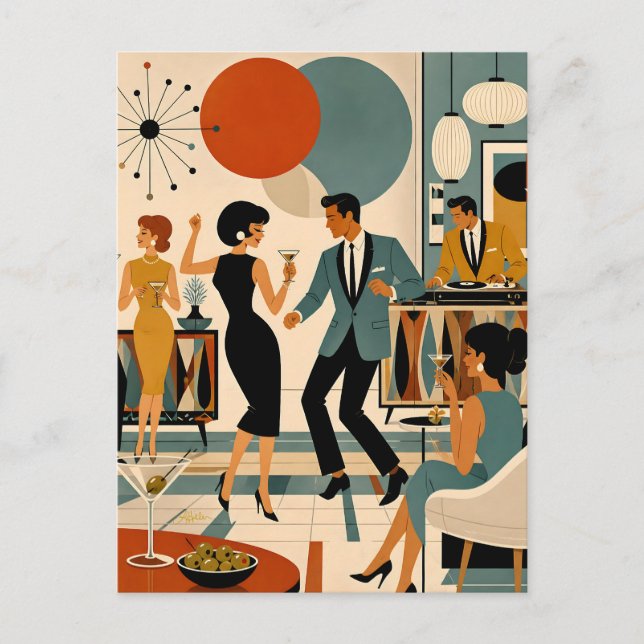 Carte Postale Fête de danse martini branchée milieu du siècle mo (Devant)