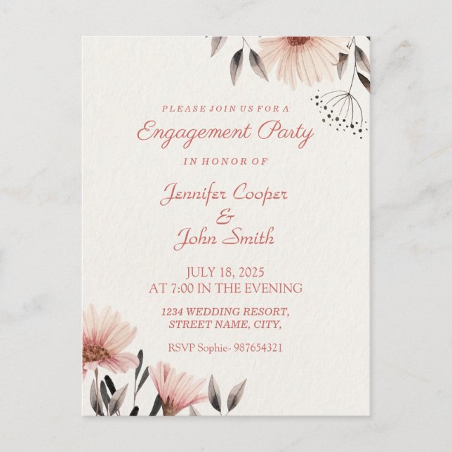 Carte Postale Fête de Fiançailles Fleurale Rose Aquarelle (Devant)
