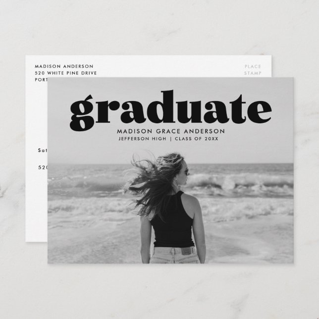 Carte Postale Fête de graduation de photos en noir gras moderne (Devant / Derrière)