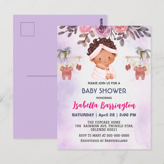 Carte Postale Fête de naissance bébé filles rose fleurs rose mig (Devant / Derrière)