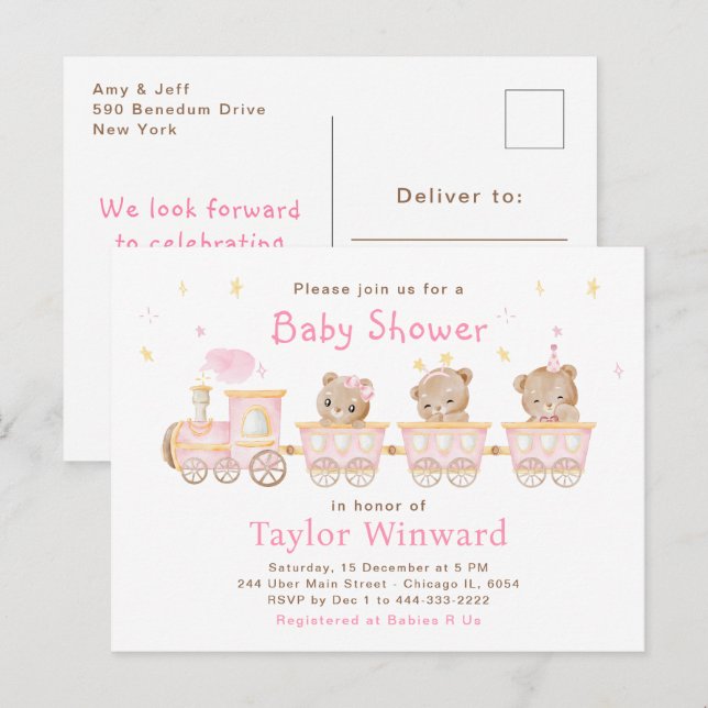 Carte Postale Fête de Naissance du Bébé au Train Rose Ours (Devant / Derrière)