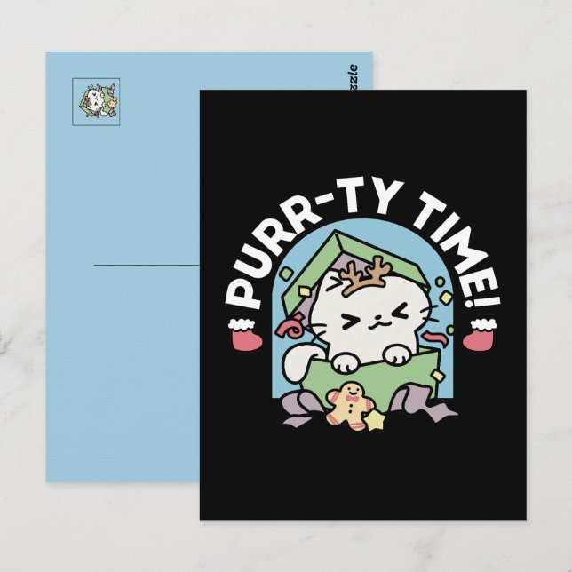 Carte Postale Fête de Noël avec Purr-ty Time Cat (Devant / Derrière)