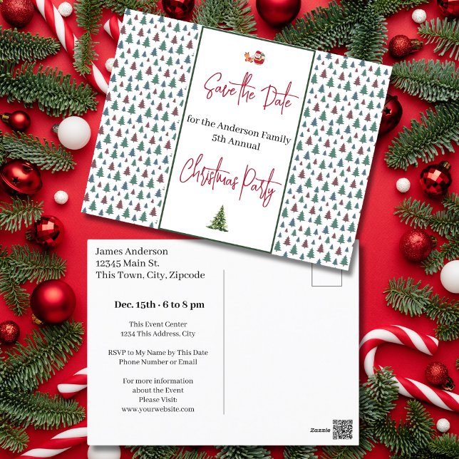 Carte Postale Fête de Noël de famille Sauvez les arbres de la da (Family Christmas Party Save the Date Trees Postcard)