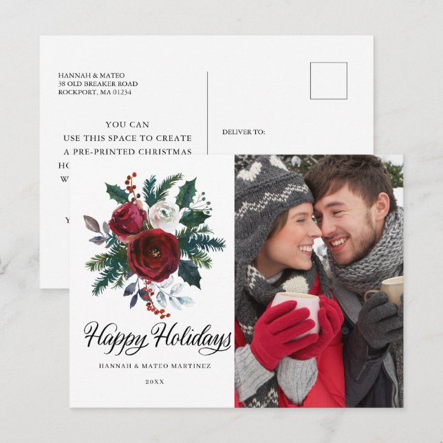 Carte Postale Fête de Noël Floral Rouge (Devant / Derrière)