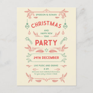 Carte Postale Fête de Noël rétro Rouge & Vert avec ornements