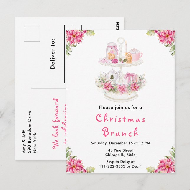 Carte Postale Fête de Noël Thé Party Rose (Devant / Derrière)