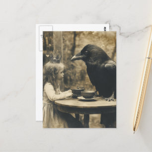 Carte Postale Fête de thé Imaginaire et corbeau à Sepia