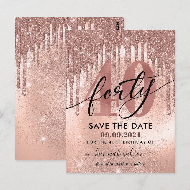 Carte Postale Fête des 40 ans Rose Gold Save The Date  (Devant / Derrière)