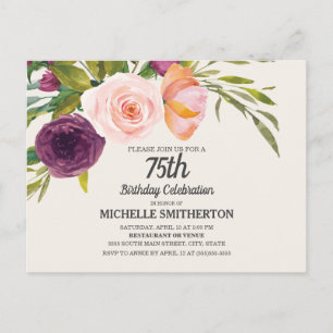 Carte Postale Fête des 75 ans Fleurie Aquarelle Rose Violet sur 