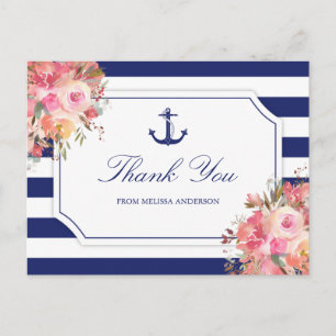 Carte Postale Fête des mariées Ancre marine Merci floral