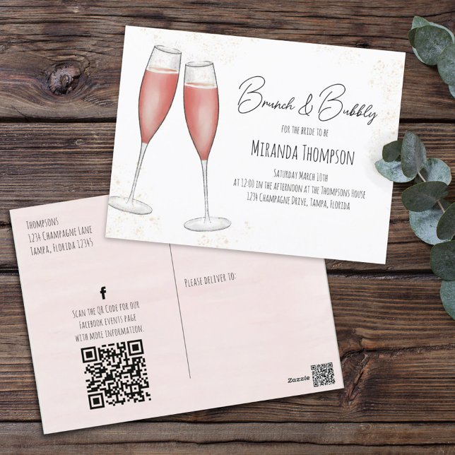 Carte Postale Fête des mariées de brunch rose QR Code Médias soc (Créateur téléchargé)