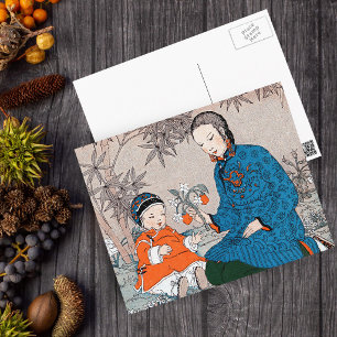 Carte Postale Fête des mères Fleurs Bébé Mère Asiatique Vintage