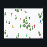 Carte Postale Fête d'Illustration de ski alpin Freeride<br><div class="desc">skieur d'hiver cool design motif avec skieurs skieurs sur les pistes de la station de ski alpin parmi des sapins enneigés dans les alpes. Les skieurs freeride portent des combinaisons de ski rétro vintages et colorées, descendent en ski avec des skis sur un arrière - plan de paysage de montagne...</div>