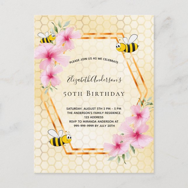 Carte Postale Fête du thé d'anniversaire 50 abeilles de nid d'ab (Devant)