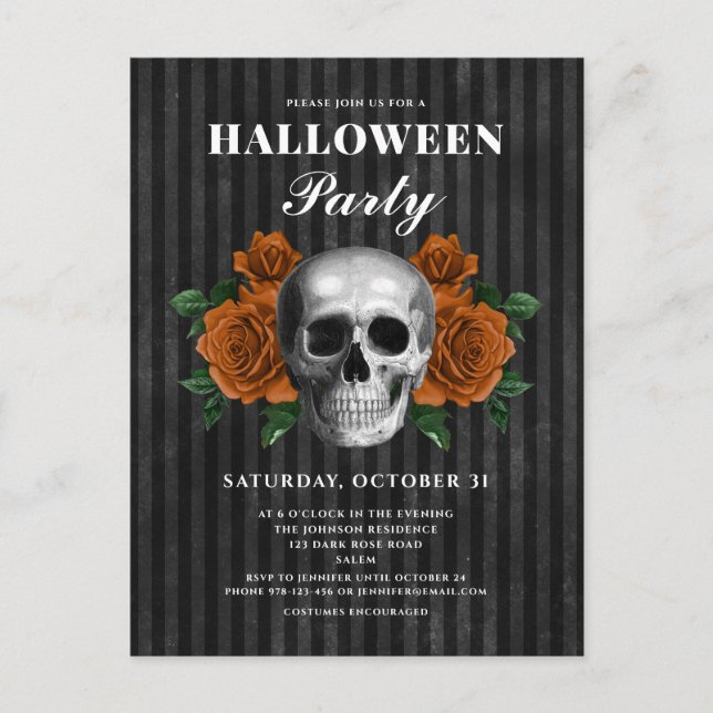 Carte Postale Fête Halloween Roses Gothiques & Crâne (Devant)