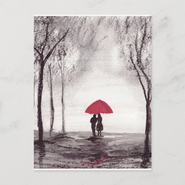 Carte Postale Fête mariage du couple d'amour parapluie rouge (Devant)