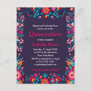 Carte Postale Fête mexicaine violette florale pour Quinceanera A