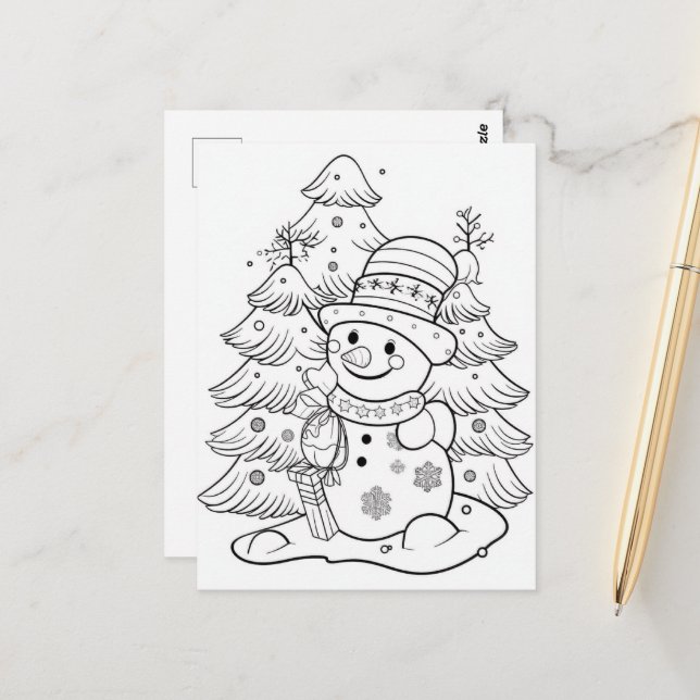 Carte Postale fête Noël Snowman enfant coloration (Devant/Arrière en situation)