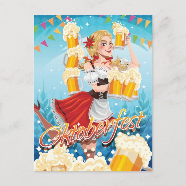 Carte Postale Fête Oktoberfest Maid en rouge avec des bières (Devant)